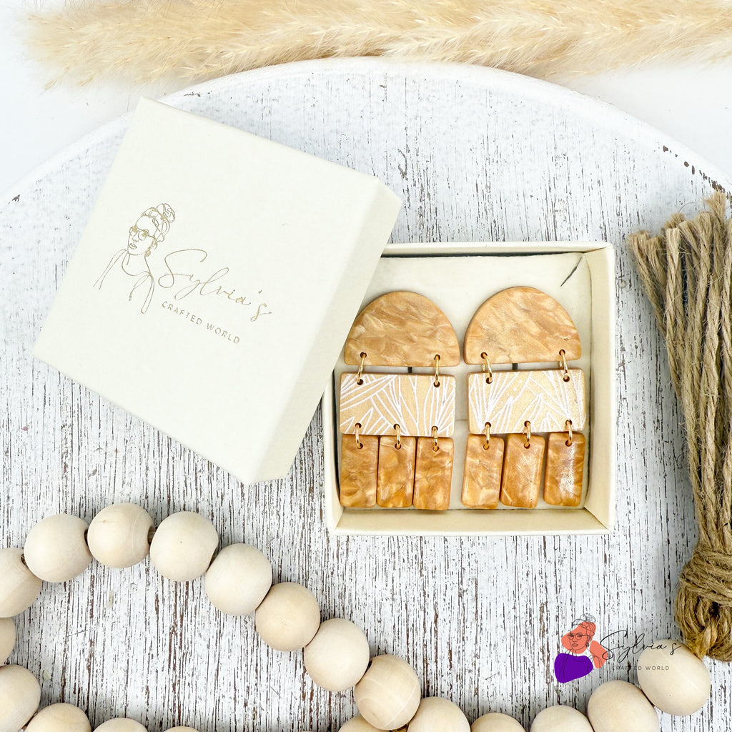 Boucles d'oreilles combo géométrique "Rumi" en Argile Polymère et Laiton doré à l'or fin 24K avec effet fausse pierre