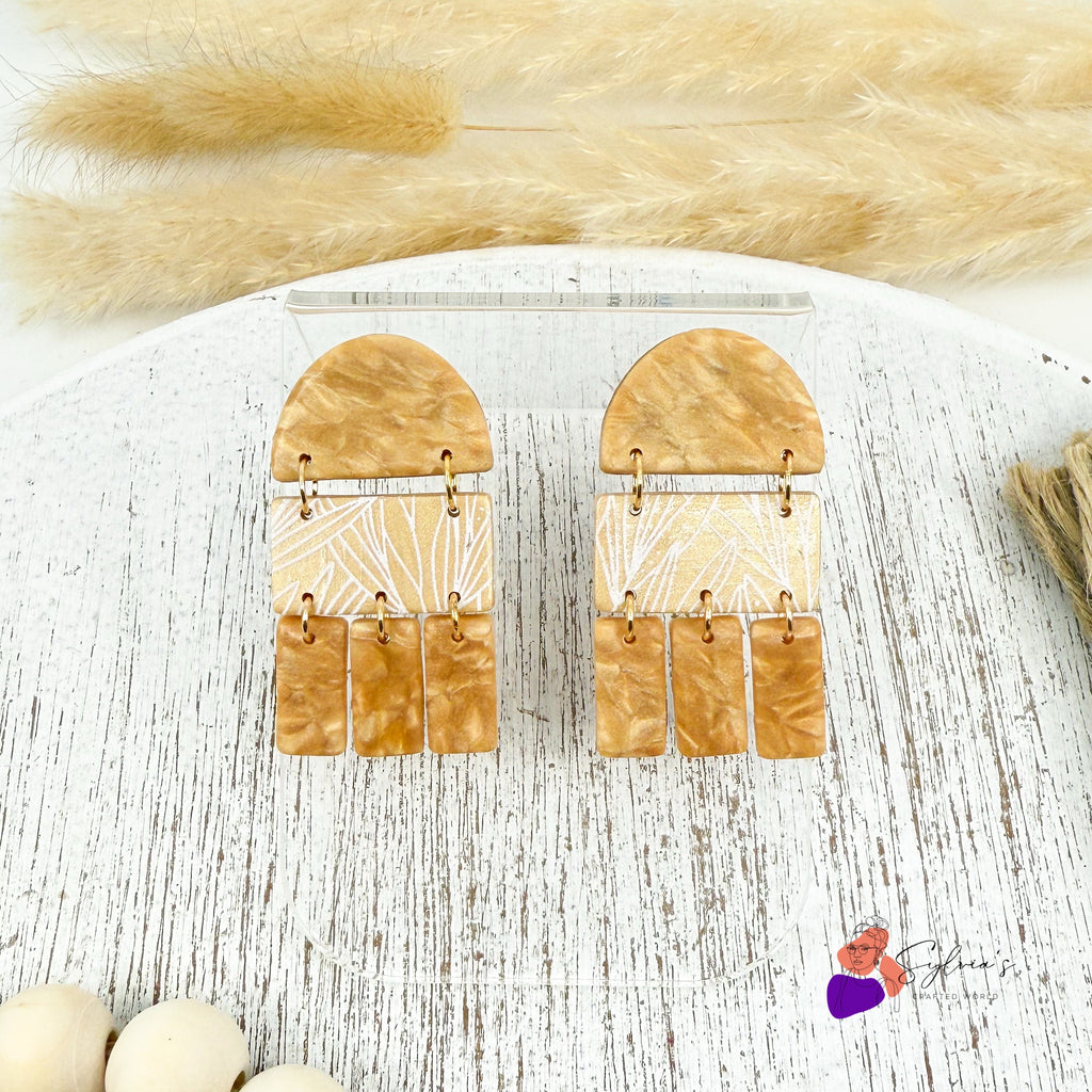 Boucles d'oreilles combo géométrique "Rumi" en Argile Polymère et Laiton doré à l'or fin 24K avec effet fausse pierre